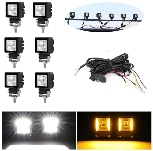 Комплект от 6 броя Лед LED Халогени Лампи с окабеляване Бяла Flood + Оранжева DRL Светлина 12V - 24V за Off Road 4X4 SUV джип мотор автомобил камион градина и др.