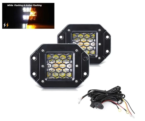Комплект от 2 броя Лед LED Халогени фарове бяла + оранжева Аварийна Светлина за вграждане 12V - 24V Dual Combo Light Двойна Светлина Flash Блиц Мигащи 6 режима