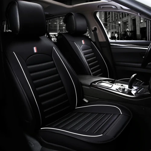 1+1 Универсална Кожена Тапицерия Калъфи за Предни Седалки Черно с Бял Кант