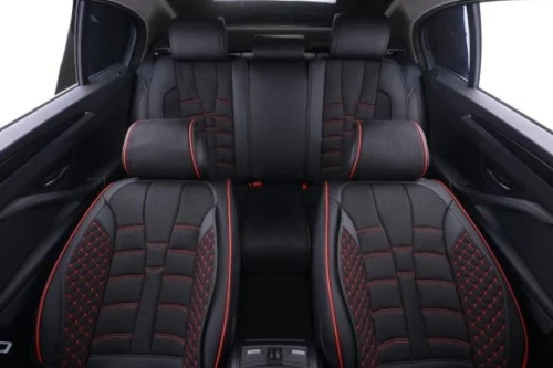 Пълен Комплект Универсална Тапицерия, Калъфи За Автомобилни Седалки Лукс Еко Кожа в Черно с червен конец, шев TAP891