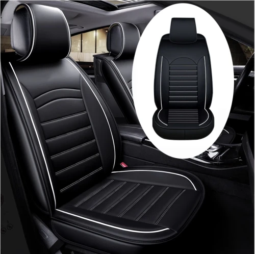 1 Брой Универсална Кожена Тапицерия, Калъф За Една Предна Седалка, Еко Кожа, Черна с Бял Кант и Шевове
