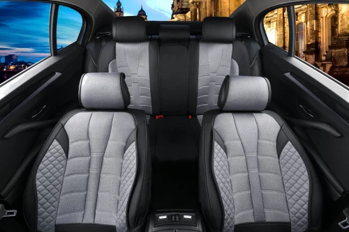 Пълен Комплект Универсална Тапицерия, Калъфи За Автомобилни Седалки Лукс Еко Кожа и Текстил Сиво и Черно TAP892