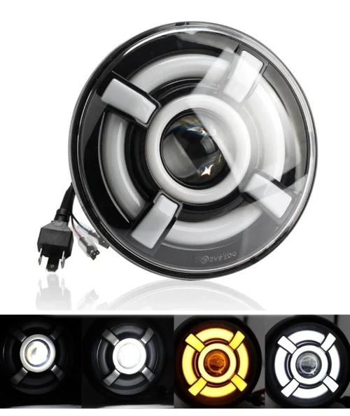 Универсален 7 инча 18см ЛЕД LED фар лампа халоген 12V-24V къси/дълги с DRL дневни светлини мигач бяло-жълто 4800lm за АТВ джип мотоциклет камион трактор и др.