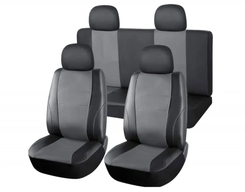 Пълен Комплект Калъфи Тапицерия За Автомобил За Предни и Задни Седалки Еко Кожа Сиво Черно 8 Части