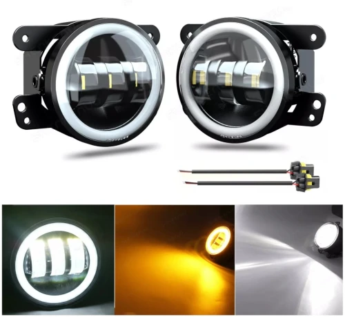 Комплект от 2 броя 4 инча 9.8cм ЛЕД LED фар лампа халоген 12V-24V с DRL дневни светлини мигач бяло-жълто за Jeep Dodge Chrysler Peugeot Ford CITROËN Opel Dacia Jaguar PORSCHE Suzuki Nissan RE