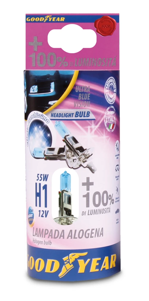 Комплект от 2 броя халогенни крушки крушка H1 Х1 12V 55W + 100% 5000K E4 Goodyear Гудиър GDY0311