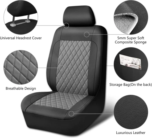 Комплект Калъфи/тапицерия за автомобил за предни и задни седалки, Еко кожа, Черно и Сиво