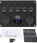 Thumbnail 4 of Панел за вграждане табло с 5 бутона превключвателя с 2бр USB зарядно 4.2А с 12V изход гнездо за запалка и волтметър универсален за кола камион каравана лодка и др.