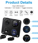 Thumbnail 12 of Панел за вграждане табло с 5 бутона превключвателя с 2бр USB зарядно 4.2А с 12V изход гнездо за запалка и волтметър универсален за кола камион каравана лодка и др.