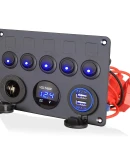 Thumbnail 1 of Панел за вграждане табло с 5 бутона превключвателя с 2бр USB зарядно 4.2А с 12V изход гнездо за запалка и волтметър универсален за кола камион каравана лодка и др.