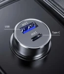 Thumbnail 4 of Универсално USB Зарядно За Автомобил, 2x18W, 3 A, Метален Корпус, 12V - 24V, Сребрист Цвят, Подсветка Синя LED Светлина, USB + Type C, Бързо Зареждане