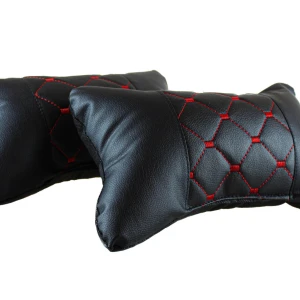 Снимка на Комплект от 2 броя универсални възглавници авто възглавничка за врат за по-добър комфорт при дълъг път с автомобил черно с червен шев