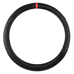 Снимка на Универсален кожен калъф за волан с карбонов дизайн – Черен с червена лента 37–38 см