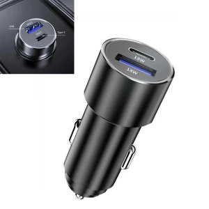 Снимка на Универсално USB Зарядно За Автомобил, 2x18W, 3 A, Метален Корпус, 12V - 24V, Сребрист Цвят, Подсветка Синя LED Светлина, USB + Type C, Бързо Зареждане