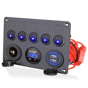 Снимка на Панел за вграждане табло с 5 бутона превключвателя с 2бр USB зарядно 4.2А с 12V изход гнездо за запалка и волтметър универсален за кола камион каравана лодка и др.
