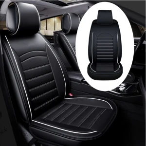 Снимка на 1 Брой Универсална Кожена Тапицерия, Калъф За Една Предна Седалка, Еко Кожа, Черна с Бял Кант и Шевове