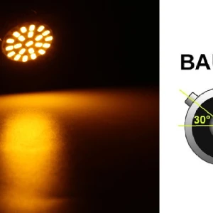 Снимка на LED Лед Крушки, 22 SMD, BA15S 1156 (P21W), Асиметрични, Разминати пинове (150°) , Offset, 12V, Оранжева, Жълта Светлина