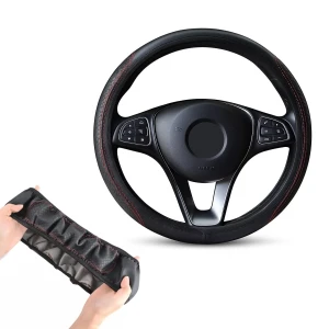 Снимка на Универсален кожен калъф за волан – Черен с Червени Шевове 37–38 см